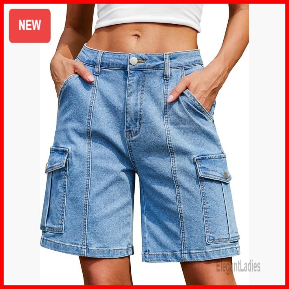 Knee Length Cargo Denim Shorts Elastic Waist 6 Pockets Regular Fit